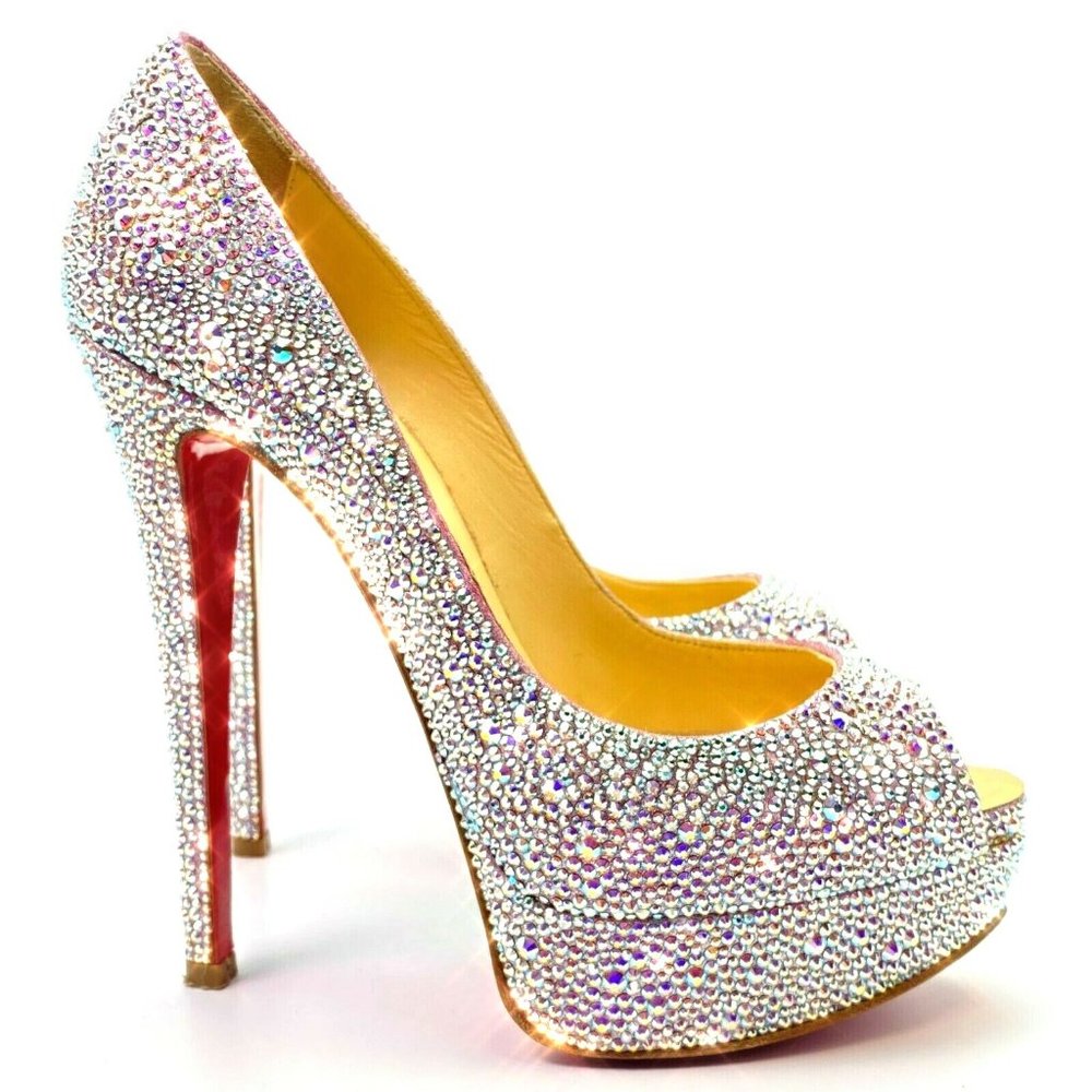 Christian Louboutin Crystal Embellished Peep-Toe Pumps with Red Soles